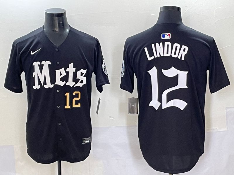 Men 2025 New York Mets #12 Lindor Black Five generations Joint Name Nike MLB Jersey style 2